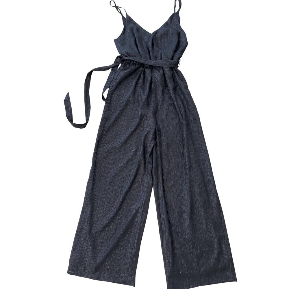 Divided Black Patterned/Metallic Threads Spaghetti Strap Jumpsuit